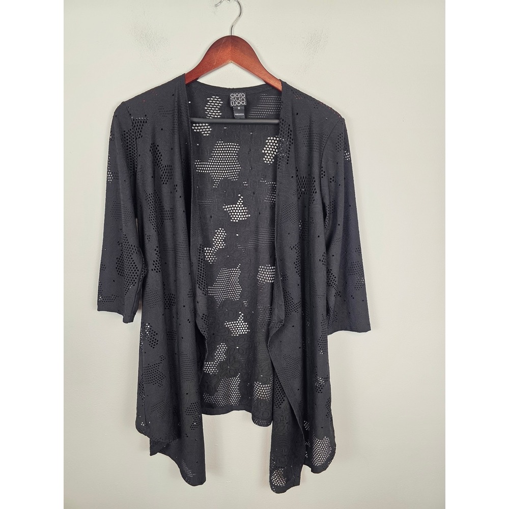Clara Sun Woo Black Laser Cut Perforated Open Front Cardigan 3/4 Sleeve Womens M